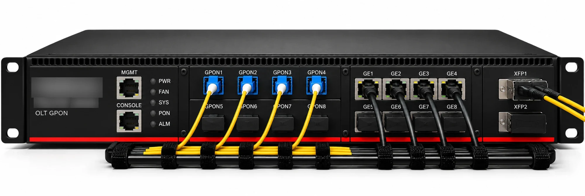 OLT Fiberlink 30028 com GPON1 a GPON4, GE1 a GE4 e XFP1 conectados e o restante livre