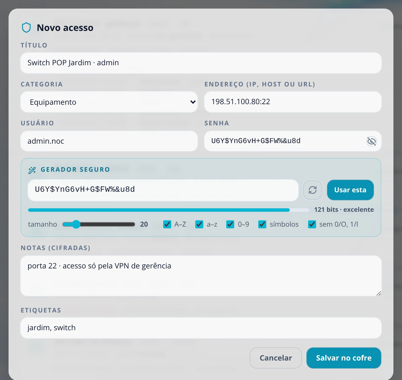 Cofre de acessos: Novo acesso