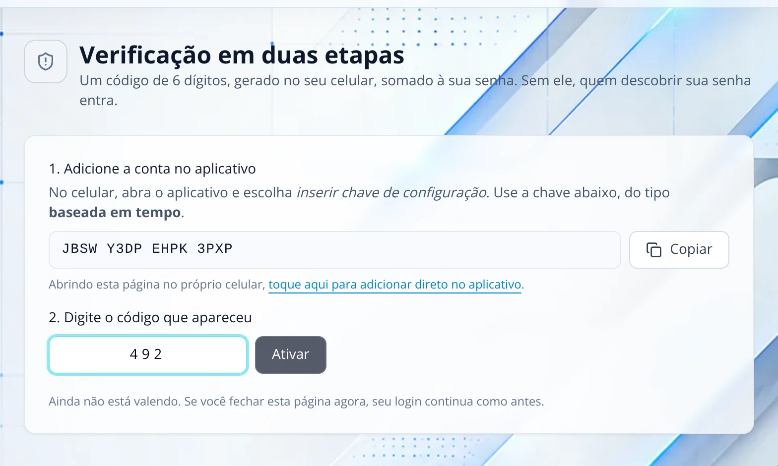 Minha conta: Ativar a verificação em duas etapas