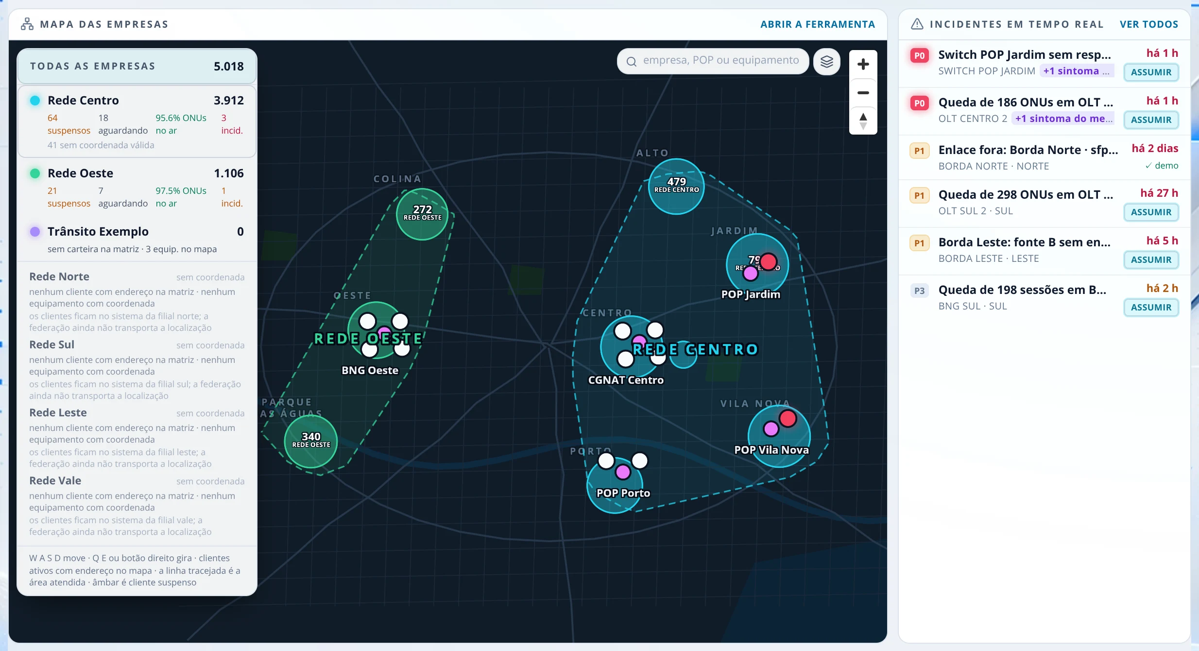 Painel principal: Mapa dos incidentes